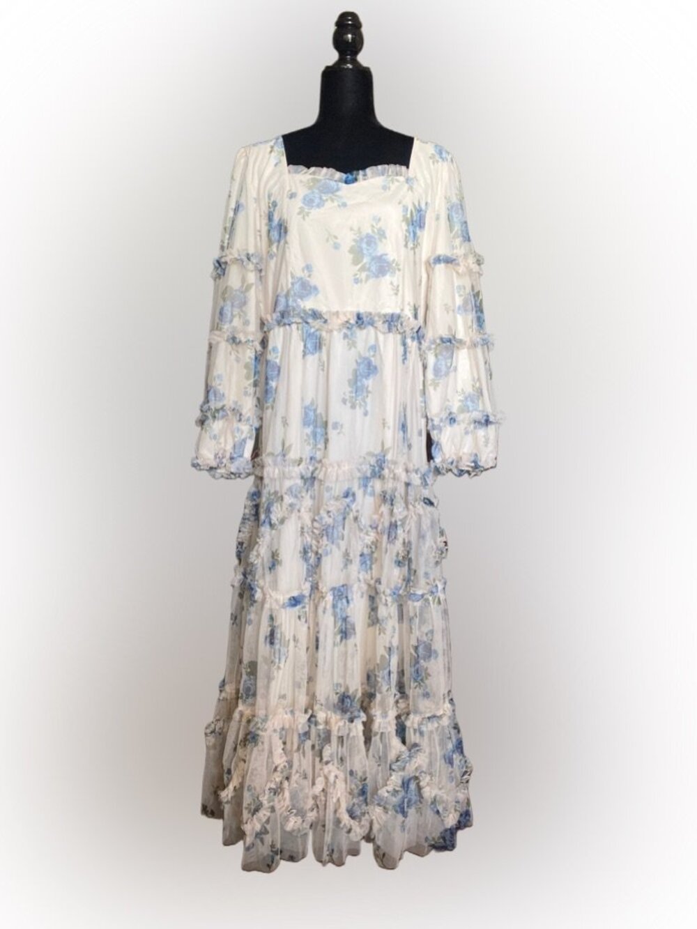 New Ivy City Co Catherine Dress Cream Blue Floral Rose Tiered Maxi Size XL